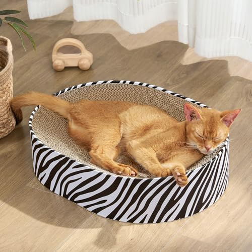 Conlun Katzen-Kratzbrett, Ovales Kratzpappe für Katzen, 2-in-1 Design aus Naturkarton, Kratzsofa-Lounge mit geschlossenem Krümelboden,Sofort nutzbar – Keine Montage,Stylische Farben für jedes Zuhause