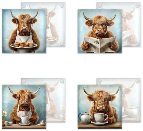 Set of 4 Toughened Glass Coasters – Watercolour Highland Cows in Quirky Poses - Set 3