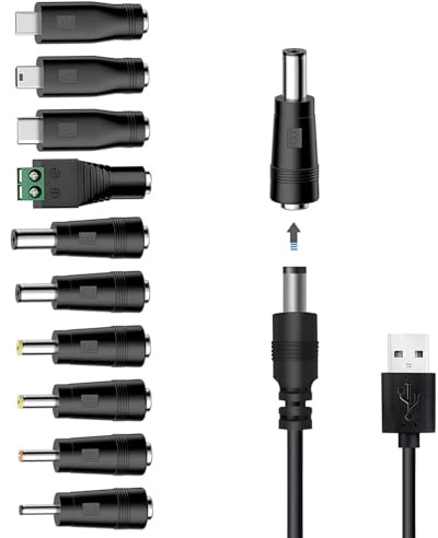 Universal Charger Power Cable, 5V USB to DC 5.5x2.1mm,with 10 Connectors (Micro-USB, Type-C, Mini USB, 2.5x0.7, 3.0x1.1, 3.5x1.35...) for Lamp,Mini Fan, Camera,Mobile Phone, USB Power Bank Charging