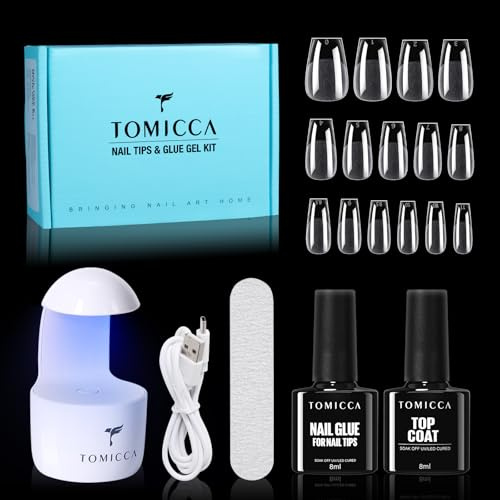 TOMICCA Nail Tips and Glue Gel Kit, Nail Extension Set Top Coat und 6 in 1 nagelkleber für kunstnägel, 240PCS Sarg Kurz Soft Gel Full Cover Nail Tips Mini UV Lampe Für Nägel
