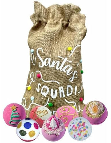 Bomb Cosmetics Santa Squad Weihnachten Set - 7 festliche Badekugeln in voller Größe in wiederverwendbarem Sackleinensack, Entspannung und Selbstpflege