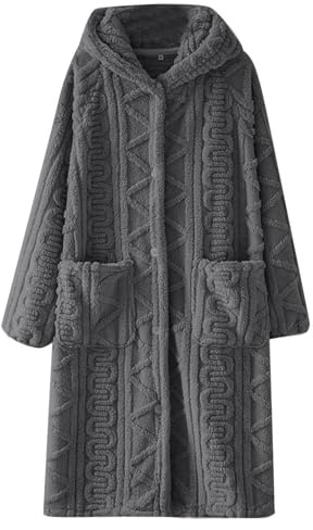 Dmmtot Fannel Pjs Robe Damen-Fleece-Bademantel mit Kapuze, flauschiger Plüsch-Bademantel, einfarbig, luxuriöse Knöpfe vorne, Zopfstrick, langärmelig, Bademantel, Schlafanzug, Nachtwäsche, Größe