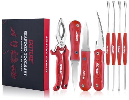 Goture 8 Stück Meeresfrüchtebesteck aus Edelstahl mit Krabbenzange Fleischentferner Austernmesser Garnelenschälwerkzeug Mit Geschenkbox-Verpackung