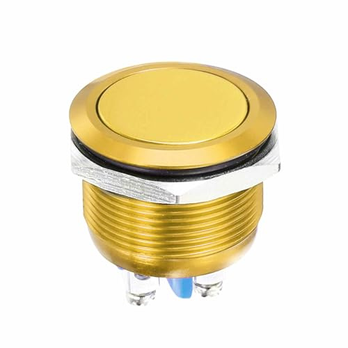 DMiotech Interrupteur À Poussoir 22mm / 7/8, IP66 1NO 0-250V 5A Interrupteur À Poussoir Momentané Avec Lumière Auto-Rétablissement, Tête Plate En Alliage D'Aluminium Doré