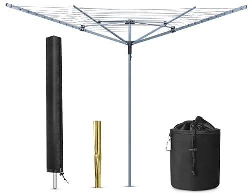 FB FunkyBuys 4-Arm Rotary Washing Line Outdoor with Ground Spike, Rotary Clothes Airer Drying Rack, Storage Bag and Protective Cover, Metal (60 Meter)