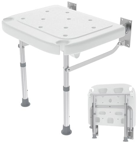 Suusolny Sedile pieghevole per doccia, per montaggio a parete, sedia da doccia, sedile pieghevole, regolabile in altezza, piedini antiscivolo, con supporto per doccia, salvaspazio, per anziani fino a