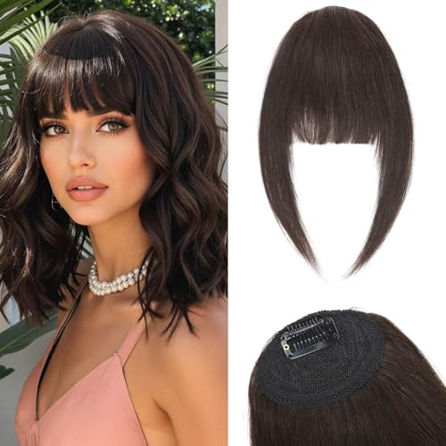 Benehair Clip in Pony Echthaar,Französischer Pony Haarteil Für Damen Tägliches Tragen,Gesicht natürlich umrahmen, 100% Remy Human Hair #2 Dunkelbraun Bangs 14g