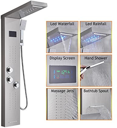 Panneau de douche, LED panneau de douche bain douche robinet température affichage numérique baignoire robinet corps système de Massage Jets tour douche colonne robinet(A Brushed Nickel)