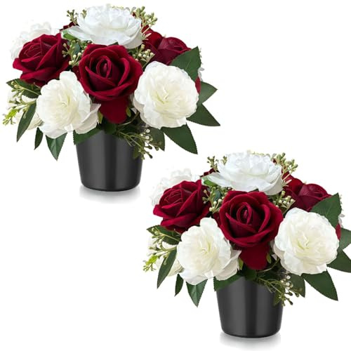 Tosoda 2 Pack Artificial Grave Flowers in Pots Artificial Roses Arrangements for Cemetery Blue Red Purple Pink Roses Arrangements for Choose (Red)