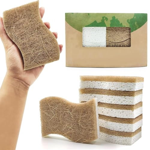 6 pezzi spugna naturale, spugna da cucina naturale biodegradabile, eco spugna da cucina compostabile antigraffio in cellulosa sisal e cocco, spugna per la pulizia naturale