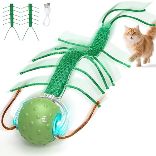 PUHOHUN Interaktives Katzenspielzeug Selbstbeschäftigung Elektrisch - Automatischer Katzenball mit Vogelgeräuschen, Katzen Spielzeug Interaktiv Leise & USB-Aufladbar für Innenbereich-Katzen (Grün)