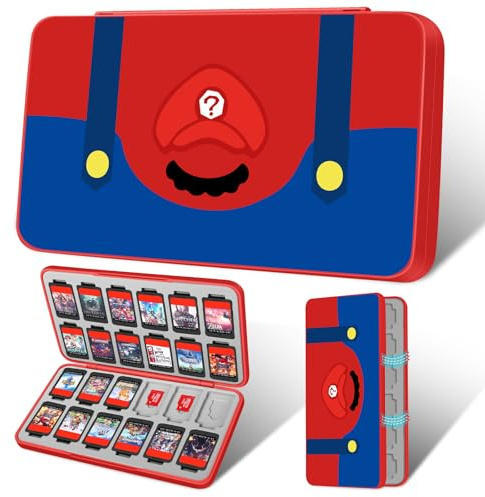 Gurgitat Switch Game Case for Nintendo Switch 2 / Switch / OLED / Lite - Cute Portable Storage Holder with 24 Game Card Slots and 24 Micro SD Cards Cartoon Cartridge for Boys Kids, Red Blue