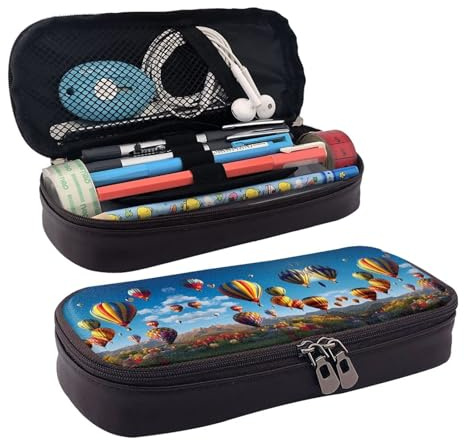 Hot Air Balloons Premium Leather Flip Pencil Case – Stylish Brown Leather Pencil Bag with Zipper Closure, Multi-Purpose for School, Office, Travel & Cosmetics