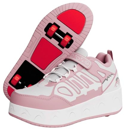 Schuhe mit Rollen für Jungen Mädchen | Rollschuhe Kinder 2-in-1 mit abnehmbaren Rollen | Versenkbare Skateboardschuhe | Leichte Turnschuhe, Verstellbar & rutschfest, Pink-31