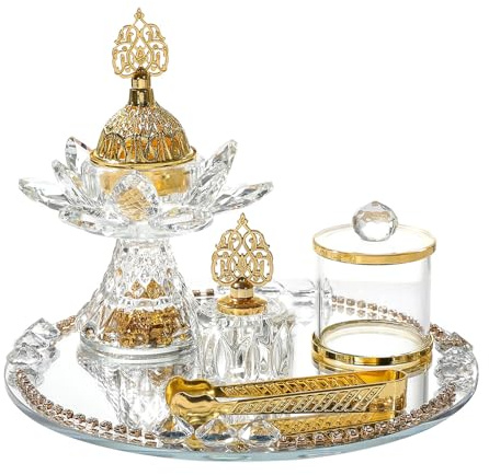 Juego de quemadores de incienso de cristal dorado, diseño en forma de flor con tarro, pinzas de almacenamiento, juego de charola y accesorios para el hogar, estilo árabe, quemadores de incienso de