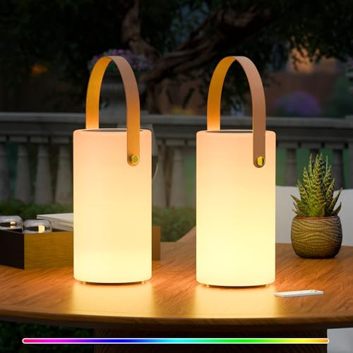 MALUX 2er-Pack Solar Tischlampe Outdoor-Laterne 2-in-1-Ladegerät Tragbare kabellose LED-Leuchten mit Fernbedienung 8 Farben, wasserfest IP44 für Terrasse, Balkon, Camping, Garten