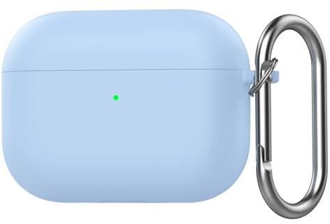 QJONSIU Fodral Kompatibel med Airpods Pro 3 2025, Stötskyddad Mjuk Silikonfodral Case med Karbinhake, Helkroppsskydd Skyddsfodral-SkyBlå