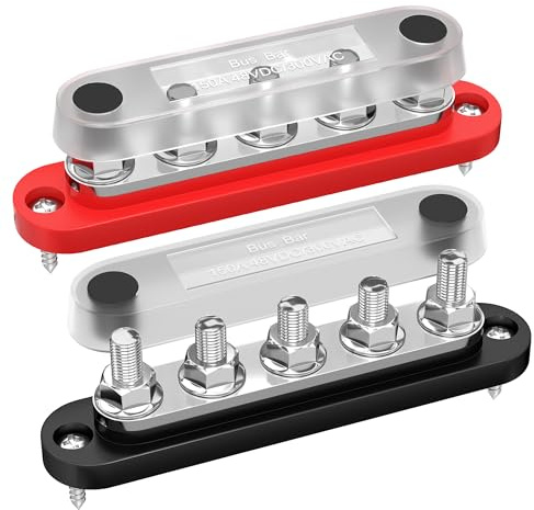 Joinfworld Bus Bar 12V 150A 5 x 1/4 (M6) Studs,Positive & Negative | Mini Power Distribution Block with Cover,150A 48V DC 300V AC Maximum,for Automotive Car Marine Truck RV Boat