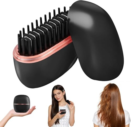 LOPHE Plancha Para El Pelo Mini, Plancha de Pelo de Viaje, Peine Alisador Térmico, Cepillo Alisador de Cabello sin Cable, Accesorios De Peinado Portátiles, 3 Temperaturas Ajustables (Estilo A - Negro)
