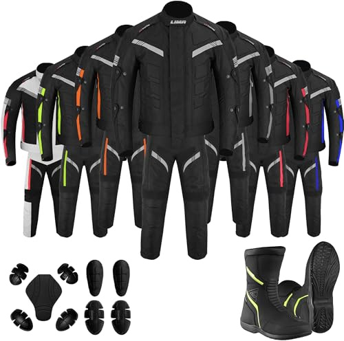 Mens Motorbike 2 Piece Suit – Cordura Motorbike Jacket and Trousers with CE Armoured Protection, with leather Long boots Waterproof Riding Gear for Men & Boys
