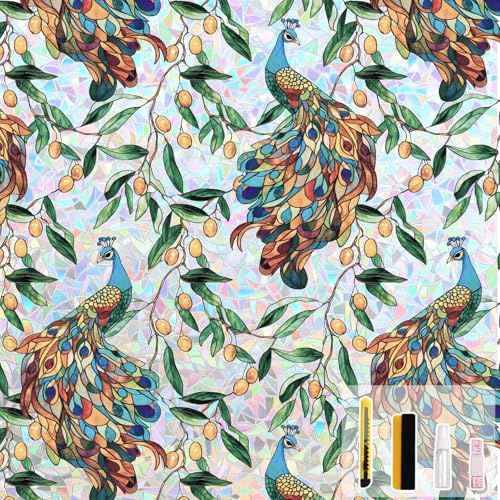 KROMAPOLIS Fensterfolie Blickdicht, 3D Buntglas Fensterfolie Selbstklebend, Wohnzimmer Büro Glastischplatte Dekorative Fensteraufkleber Anti UV Statisch Haftend Window Film Privacy - 44.5x200cm