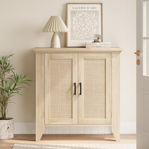 Zstar Buffetschrank mit Stauraum, Aufbewahrungsschrank mit Türen in Rattan, Akzent-Sideboard mit Massivholzfüßen für Wohnzimmer, Flur und Eingangsbereich, Natur-Eiche