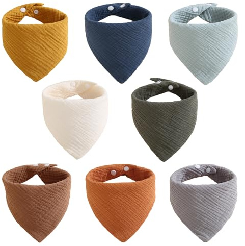 xolear 8 Piezas Baberos Bebe Triangular, Muselina 100% Algodón Bebe Bandanas con Broches Ajustables, Babero de Muselina Suave y Absorbente, para Niños y Niñas para Babear Dentición y Eructar, A