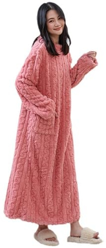 Abito da casa da donna, invernale, in flanella, lungo, a girocollo, a maniche lunghe, da notte, morbido, spesso, caldo, tinta unita, con tasca, abito invernale