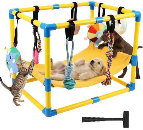 SUPPUIMNT Welpen Spielgerüst, Welpenspielhalle mit 8 Spielzeugen Dschungelspielplatz Turnhalle für Kleine Hunde Hundespielplatz mit PVC Rahmen Hängematte zum Unterhaltung für Training Beruhigung