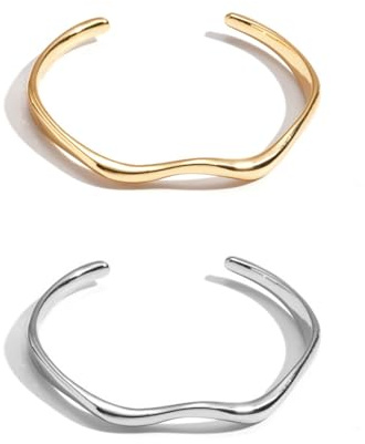 NIDHFG 2 Wave-Shaped Open Bracelets, Simple Geometric Metal Jewelry, Modern Design Accessories, Suitable for Daily Stacking, Minimalist Wear and Gifts (Gold, Silver).