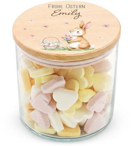 GRAVURZEILE Vorratsglas mit bedrucktem Holzdeckel - Osterhasen - Personalisiert mit Name - Keksdose Bonbonglas mit Deckel als Ostergeschenk - Vorratsdose - Geschenk für Ostern - 530 ml