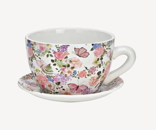 Seyila Home Pflanztasse aus Keramik mit Unterteller, Blumentopf in Tassenform, Deko-Pflanzgefäß,Pflanzkübel, Blumentopf in versch. Größen und Designs (Bunt, 20 cm)