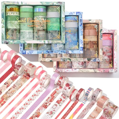 96 Rollen Washi Tape Set für Journal, Scrapbooking, Hochzeit, DIY Basteln | Vintage Goldfolie Masking Tape, 4 Themen (Mittelalter, Ölgemälde, Romantik, Garten), 5 Breiten