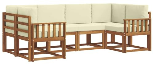 HETFTJN Juego de muebles de exterior de madera maciza de acacia, conjunto modular de sofá de jardín con tapicería, conjunto de asientos para patio y jardín, 245 x 128,5 cm, color crema