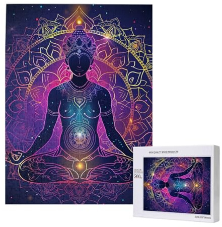 Chakra Lotus Galaxy und Sterne Yoga Mandala Buntes personalisiertes 500-teiliges Holzpuzzle für Erwachsene, individuelles Portraitbild