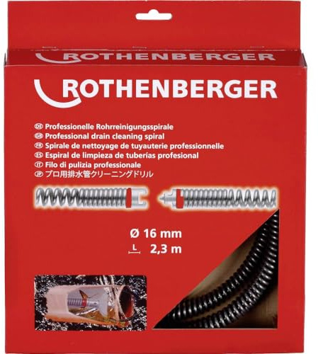 ROTHENBERGER Rohrreinigungsspiralen SMK, Kunststoffseele, 16mm Spiraldurchmesser, 2.3m Arbeitsbereich Länge | 72433 | Spirale für Reinigung von Abwasserrohren, Koffermaschine
