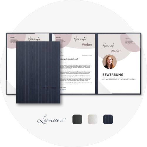 5 Stück 3-teilige Bewerbungsmappen Lemani® BUSINESS 'navy blue' mit 1 Klemmschiene - Premium-Qualität mit feinen Nadelstreifen, unverwechselbarer Haptik und hochwertiger Prägung 'Bewerbung'