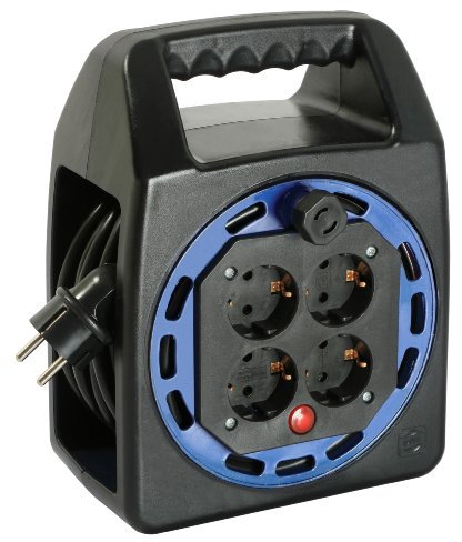 as - Schwabe Kabelbox 15 m H05VV-F 3G1,5 mit Schutzkontaktstecker, 4X Schutzkontaktsteckdosen mit erhöhtem Berührungsschutz, Handkurbel, Kabelführung, 230V/16A, max. 3500W, IP20, Schwarz/Blau, 16415