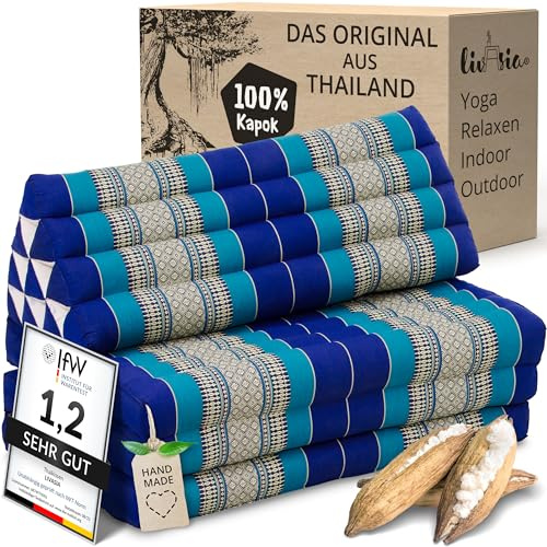 livasia Thaikissen 3 Auflagen für Paare XXL - 190x80x8cm - Dreieckskissen Klappmatratze, extrabreit Kapok, Rückenkissen faltbar, Thaimatte zum Klappen, Meditationskissen (Blau)