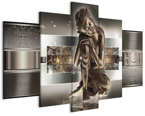 B&D XXL - Quadro Buddha 200x100 cm 5 Pezzi - Stampa su Tela Strutturata XXL Grande - Quadri Moderni Componibili Camera da Letto Matrimoniale - Stampe da Parete Arte - 020113-289