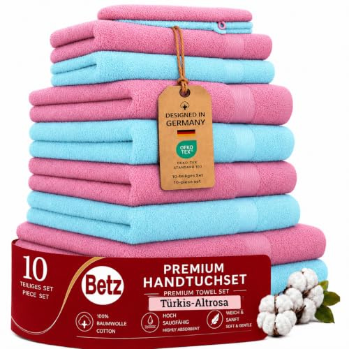 Betz 10-TLG. Handtuch-Set Premium 100% Baumwolle 2 Duschtücher 4 Handtücher 2 Gästetücher 2 Waschhandschuhe Farbe Türkis & Altrosa