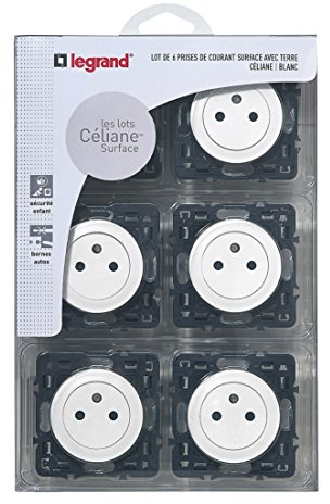 LEGRAND - Prise Electrique Murale avec Terre Céliane Surface - Prise Affleurante avec Socle Rétractable - Fabriqué En France - Blanc - Lot de 6