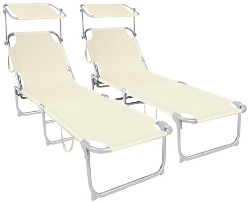 VOUNOT 2er Set Sonnenliege mit Dach, Klappbare Strandliege, Gartenliege Liegestuhl, Sonnendach und Rückenlehne Verstellbar, 190 x 58 x 27 cm, Weiß