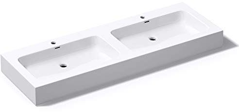 Mai & Mai Double Lavabo Suspendu Blanc Mat 140cm Vasque à Poser Pour 2 Évier Lave Mains Salle de Bain avec Trop-Plein Col830