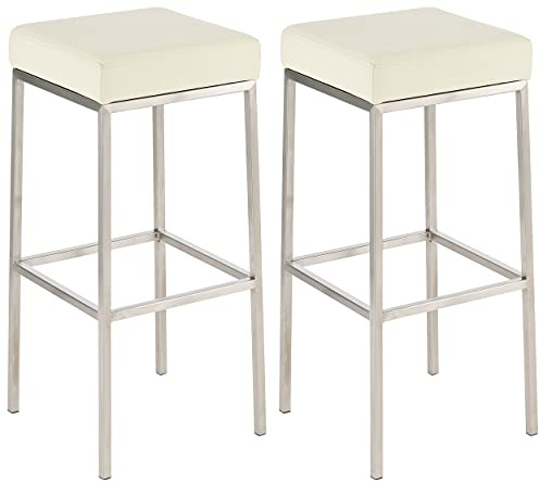 CLP 2er Set Barhocker Montreal I Gepolsterte Barstühle mit Kunstlederbezügen I Tresenhocker mit Metallgestellen | Farbe Creme Gestell Farbe Edelstahl