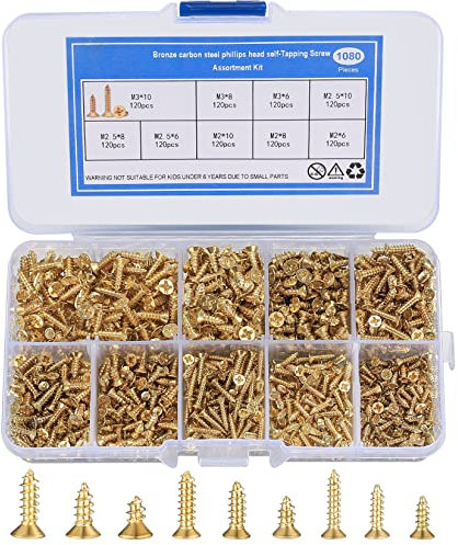1080 Stücke Kleine Selbstschneidende Schrauben, M2/M2.5/M3 Holzschrauben, 6mm/8mm/10mm Flachkopf Kreuzkopf Blechschrauben Schrauben Set für Bürogeräte, Holzmöbel. (Gold)