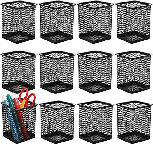WUWEOT 12 Pack Metal Pen Holder Square Mesh Pencil Holder Desk Organizer Mesh Pen Cup Pencil Cup for Desk Office Pen Organizer, Black