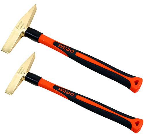 WEDO Juego de 2 martillos de soldadura de latón, 150 g + 300 g, mango de fibra de vidrio, martillo de escala, martillo astillado, forjado a presión, resistente a la corrosión