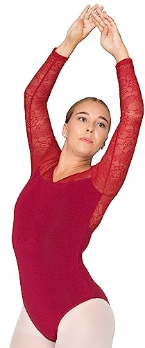 tanzmuster Ballett Trikot Damen Langarm - Britta - Ärmel aus Spitze - BH-Pad-Einschub - Tanz Body aus Baumwolle - Ballettkleidung für Erwachsene
