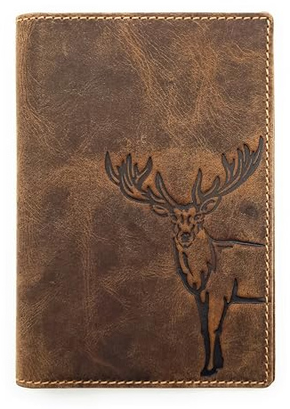 Lemasi echt Leder Etui Hülle Dokumenten Mappe für Angelschein, Schwerbehindertenausweis, Reisepass, Waffenschein, Jagdschein, Impfausweis usw. (braun Hirsch)